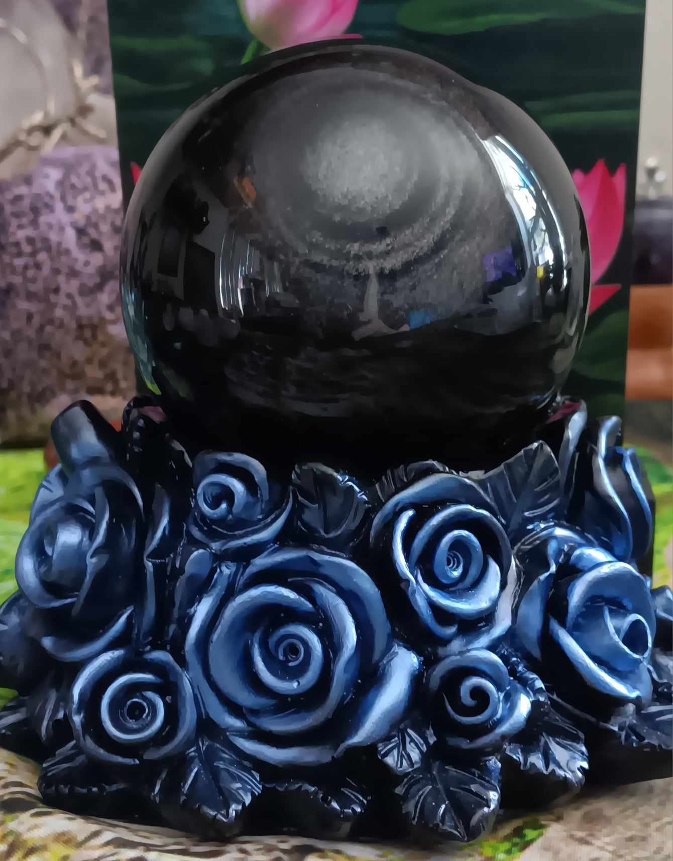 Sliver Obsidian Crystal Ball 75 mm w/rose stand